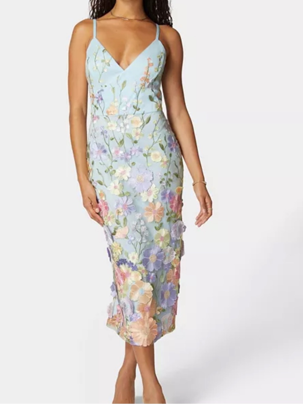 BEBE Floral Embroidered Midi Dress, Blue Multi, size XS, NWT